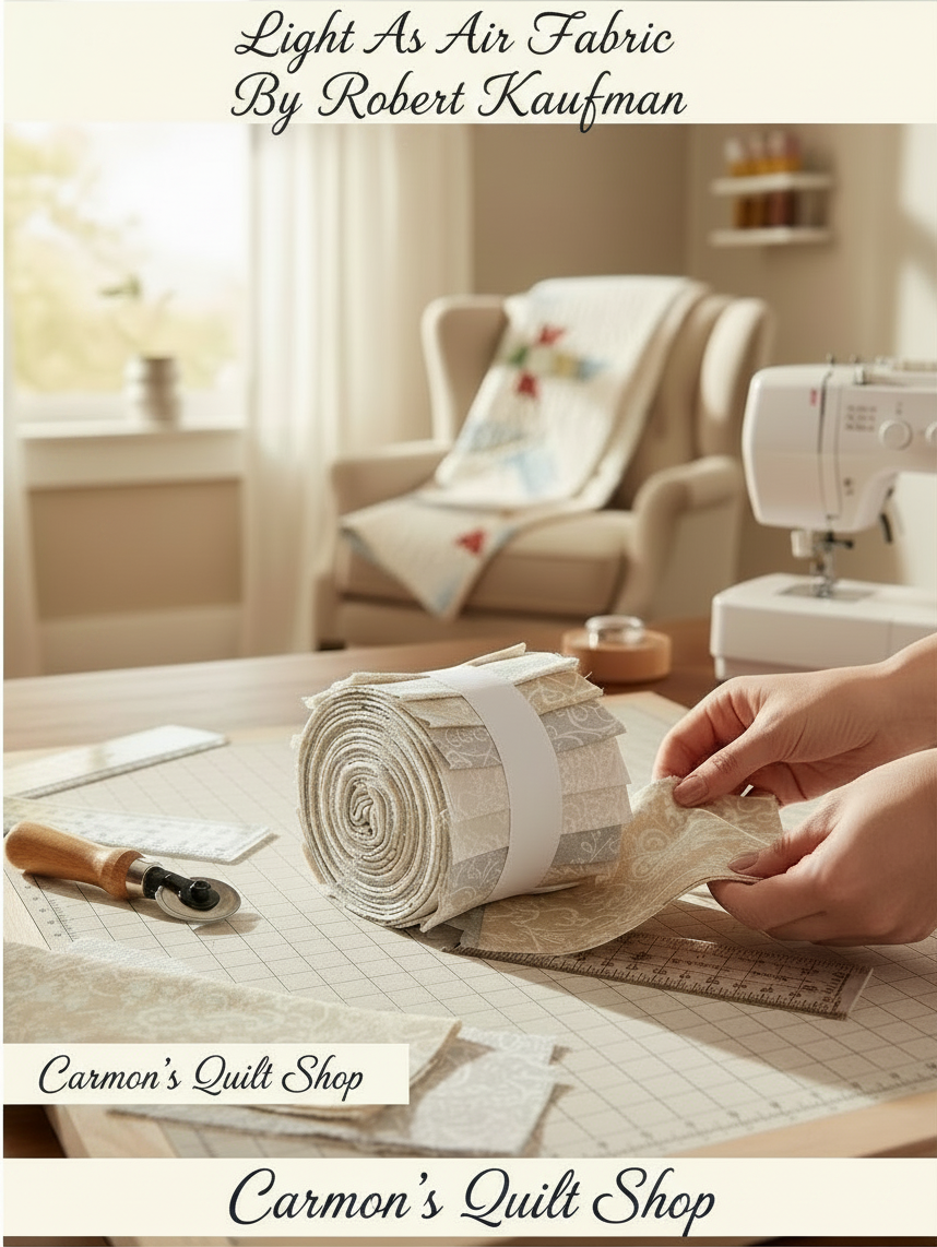 Carmon's Quilt Shop Light As Air cream jelly roll fabric strips on a cutting mat with a rotary cutter and sewing machine