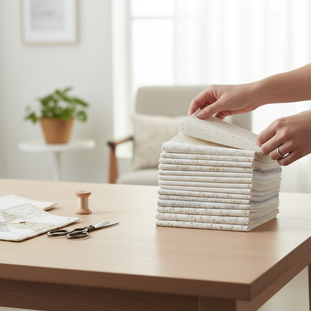 Carmon's Quilt Shop Light As Air 10-inch cotton fabric layer cake squares being stacked on a wooden table.