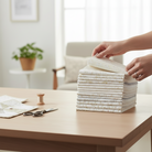 Carmon's Quilt Shop Light As Air 10-inch cotton fabric layer cake squares being stacked on a wooden table.