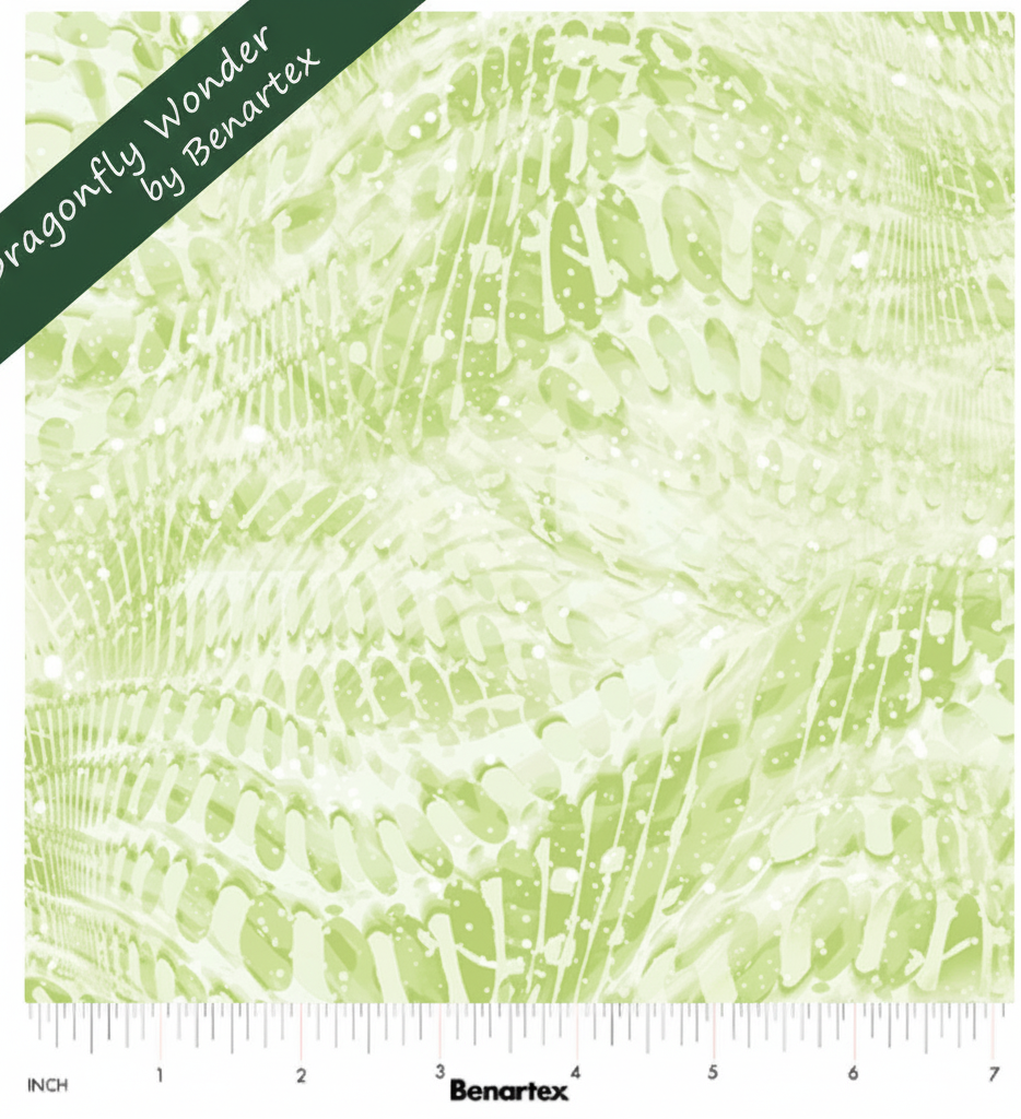 Carmon's Quilt Shop light green Dragonfly Wonder cotton quilting fabric with rippling wave and leaf patterns.