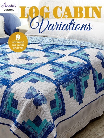 Carmon's Quilt Shop Log Cabin Variations pattern book featuring a blue and white butterfly log cabin quilt design.