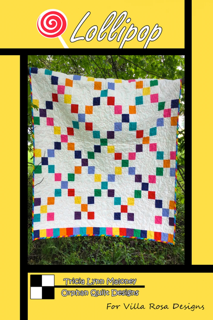Carmon's Quilt Shop Lollipop quilt pattern featuring a colorful patchwork design with mini charm squares on white