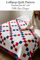 Carmon's Quilt Shop Lollipop Villa Rosa quilt pattern featuring a red, white, and blue geometric patchwork design.