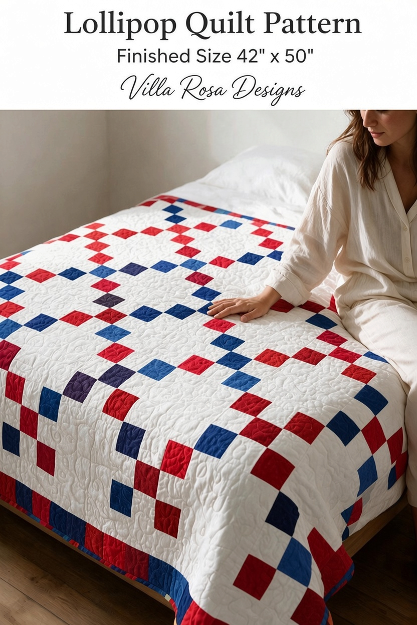 Carmon's Quilt Shop Lollipop Villa Rosa quilt pattern featuring a red, white, and blue geometric patchwork design.