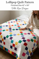 Carmon's Quilt Shop Lollipop Villa Rose quilt pattern featuring colorful mini charm squares on a white background