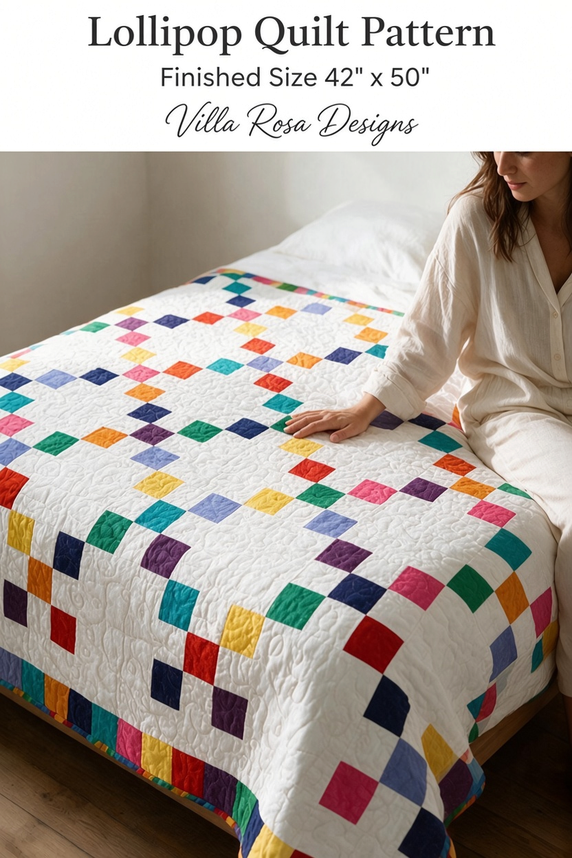 Carmon's Quilt Shop Lollipop Villa Rose quilt pattern featuring colorful mini charm squares on a white background