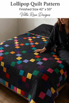 Carmon's Quilt Shop Lollipop Villa Rose quilt pattern featuring colorful mini charm squares on a black background