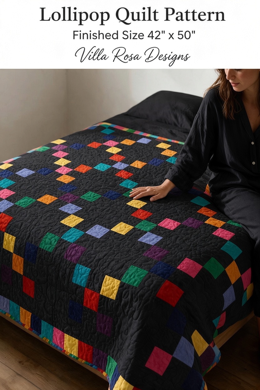 Carmon's Quilt Shop Lollipop Villa Rose quilt pattern featuring colorful mini charm squares on a black background