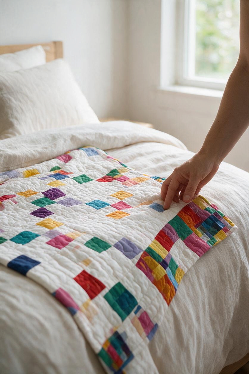 Carmon's Quilt Shop Lollipop Villa Rose quilt pattern featuring colorful mini charm squares on a white background.