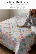 Carmon's Quilt Shop Lollipop Villa Rosa quilt pattern featuring a colorful mini charm square design on a bed