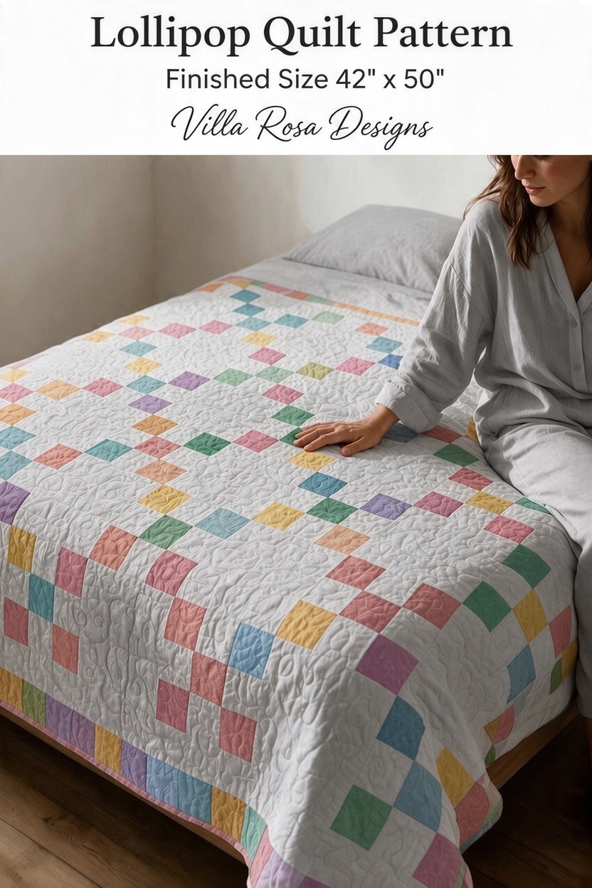 Carmon's Quilt Shop Lollipop Villa Rosa quilt pattern featuring a colorful mini charm square design on a bed