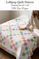 Carmon's Quilt Shop Lollipop Villa Rose quilt pattern featuring a colorful pastel patchwork design on a white bed.