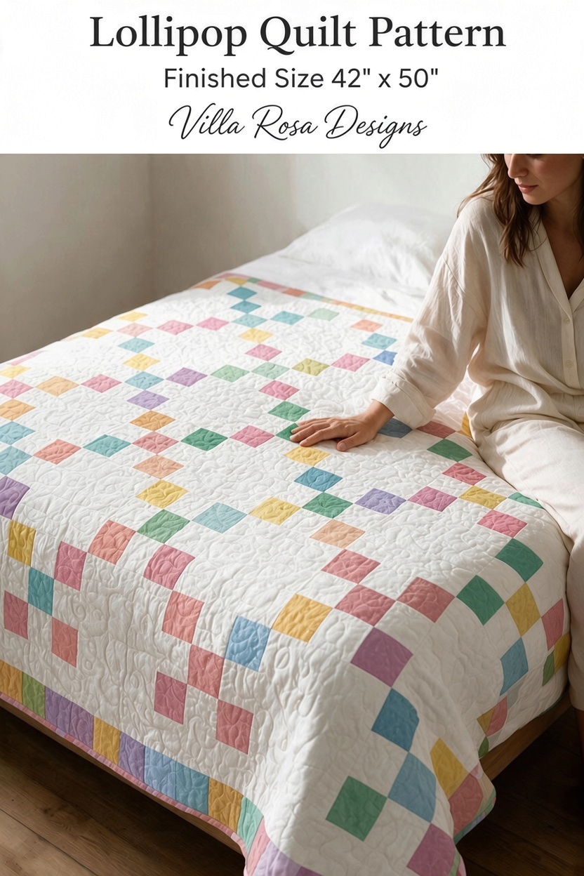 Carmon's Quilt Shop Lollipop Villa Rose quilt pattern featuring a colorful pastel patchwork design on a white bed.