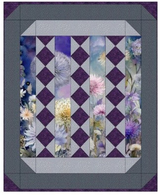 Carmon's Quilt Shop Lovely Flowers quilt pattern featuring floral panels with purple and lavender diamond accents.