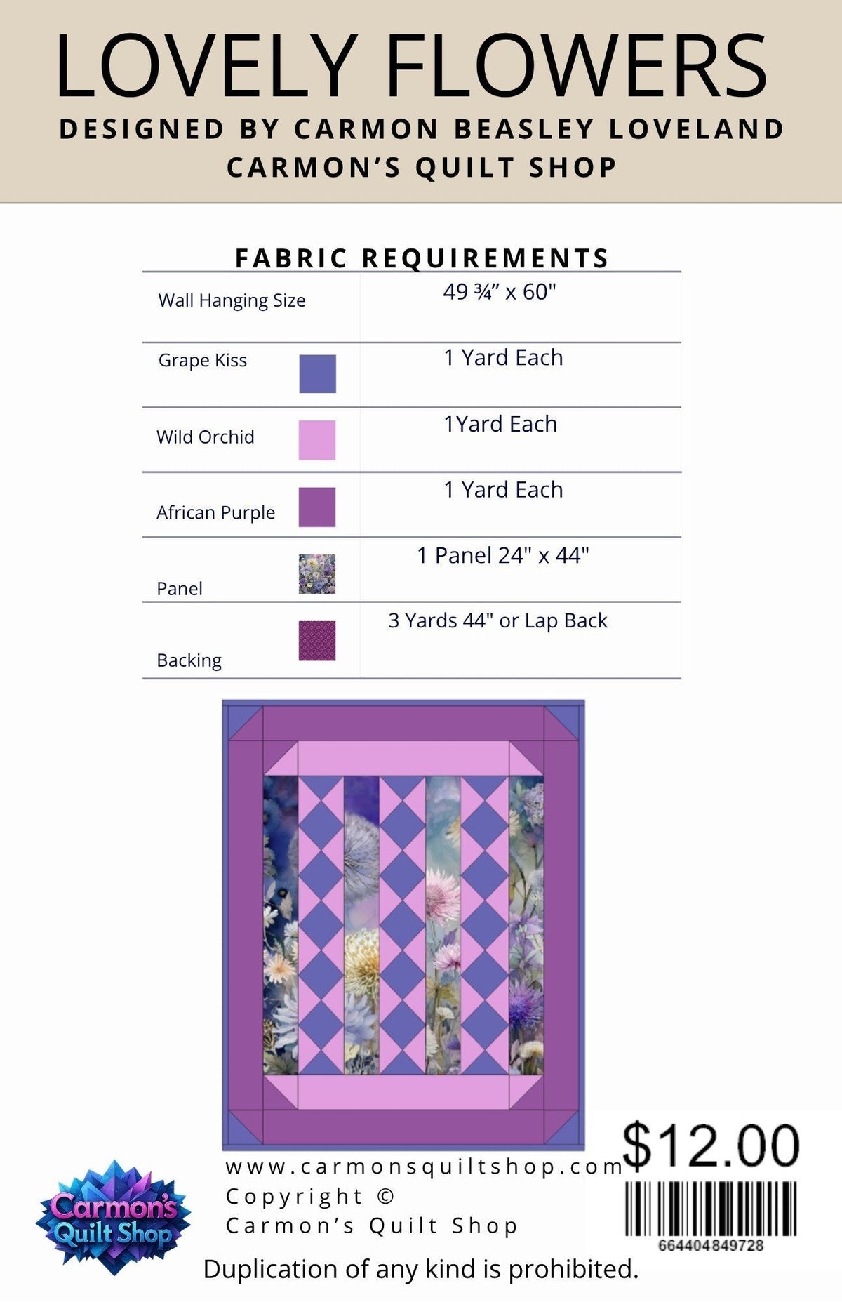 Carmon's Quilt Shop Lovely Flowers quilt pattern featuring floral panels with purple and lavender diamond accents.
