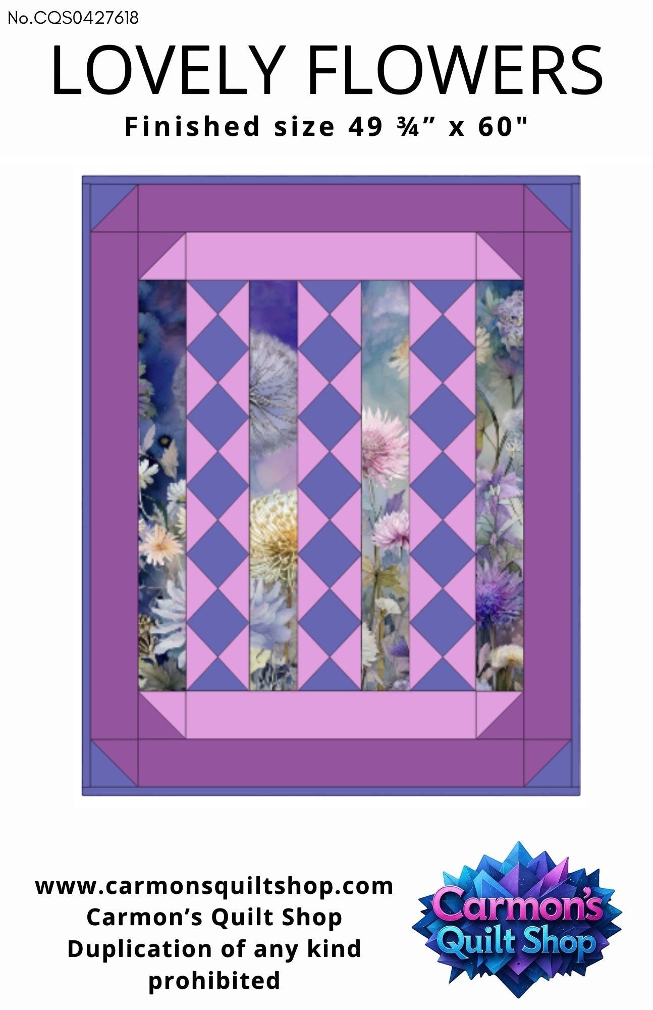 Carmon's Quilt Shop Lovely Flowers quilt pattern featuring floral panels and purple diamond accents.