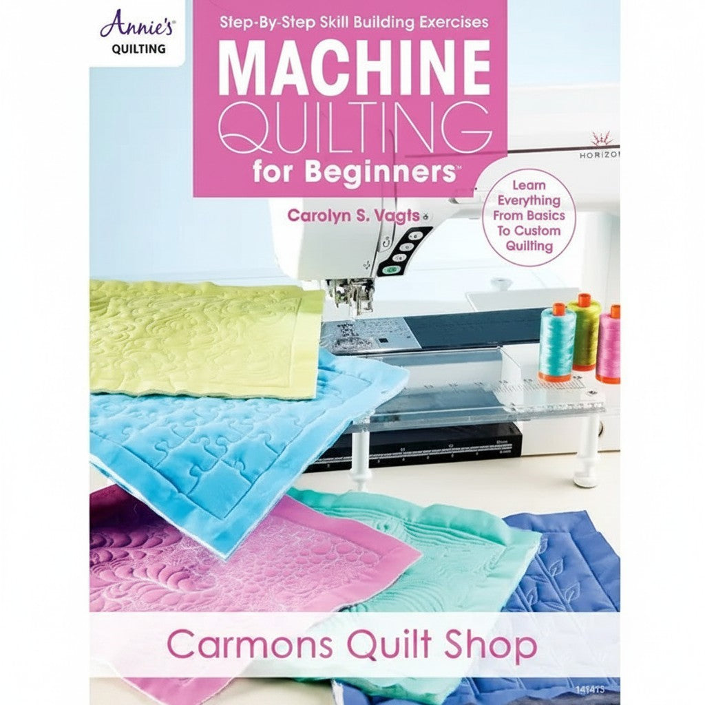 Carmon's Quilt Shop digital guide for machine quilting on a domestic sewing machine with colorful fabric samples.