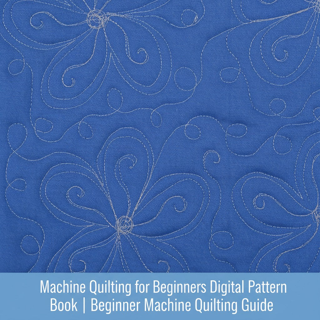 Carmon's Quilt Shop digital guide showing blue fabric with white floral machine quilting patterns