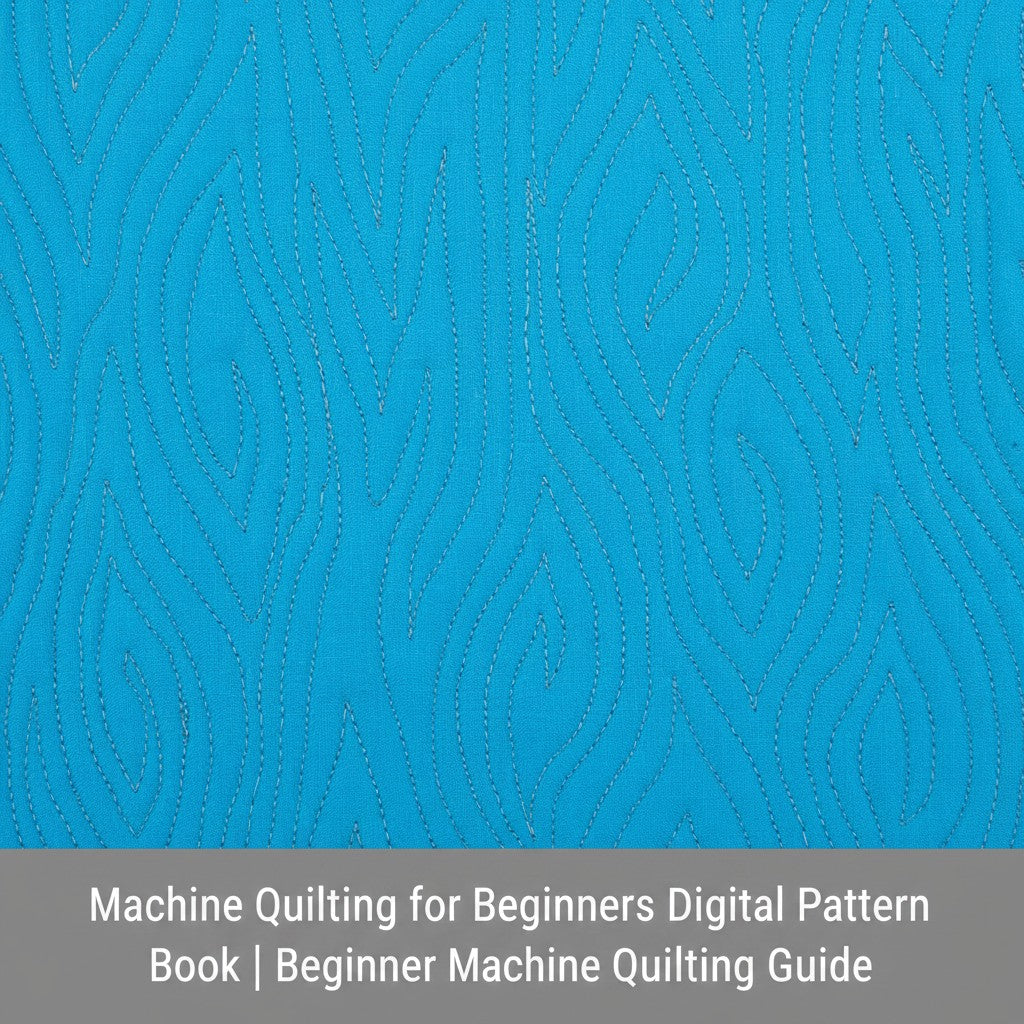 Carmon's Quilt Shop digital guide showing blue fabric with intricate wavy machine quilting patterns for beginners