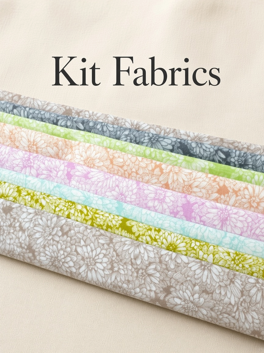 Carmon's Quilt Shop Main Street quilt kit fabrics featuring floral prints in soft pastel and neutral tones.