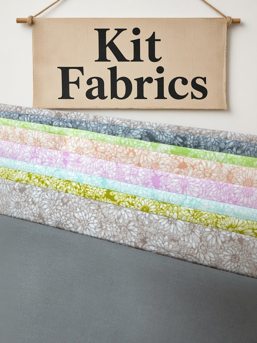 Carmon's Quilt Shop Main Street quilt kit fabrics featuring floral prints in pastel colors and a solid grey fabric.