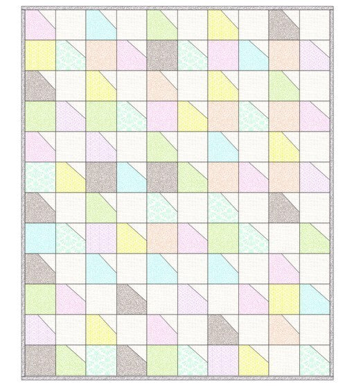 Carmon's Quilt Shop Main Street quilt kit featuring colorful geometric patchwork in pastel Anna Maria Parry fabrics.