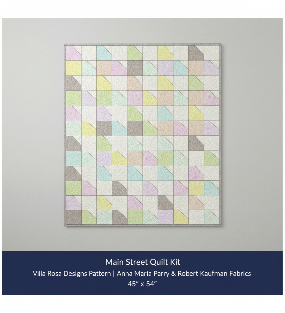 Carmon's Quilt Shop Main Street quilt kit featuring colorful Anna Maria Parry and Robert Kaufman geometric fabrics.