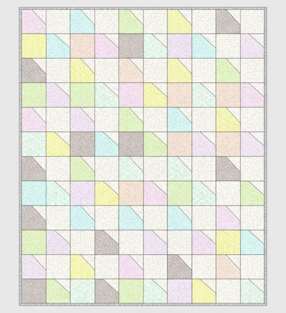 Carmon's Quilt Shop Main Street quilt kit featuring colorful geometric patchwork in pastel Anna Maria Parry fabrics.