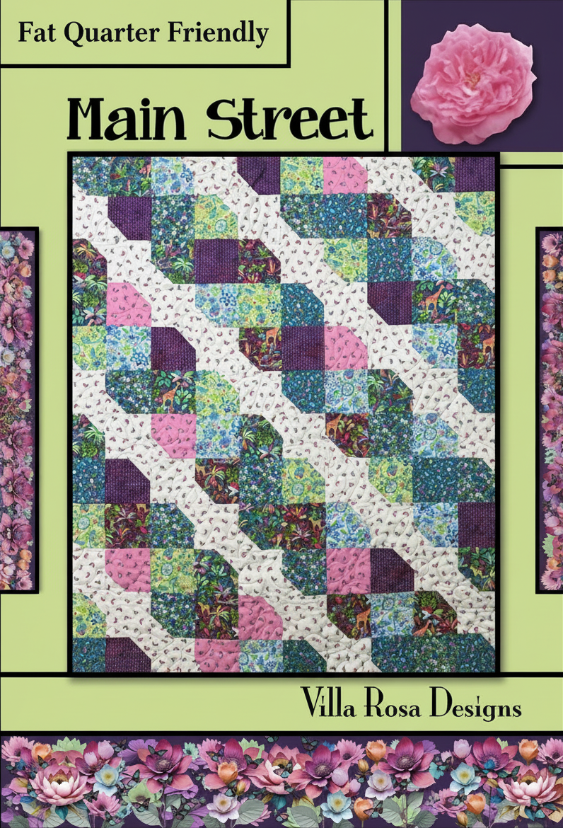 Carmon's Quilt Shop Main Street quilt pattern featuring a geometric four-patch design in floral and patterned fabrics.