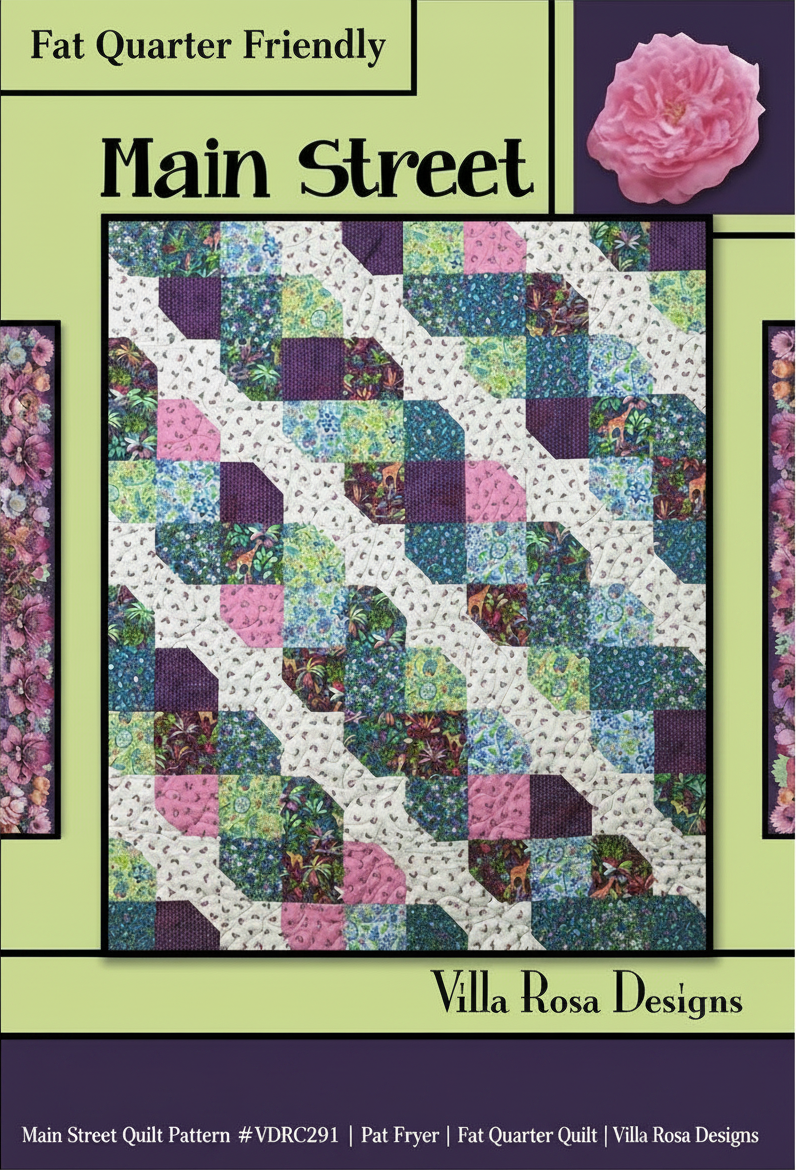 Carmon's Quilt Shop Main Street quilt pattern featuring a geometric four-patch design with heart-like shapes.