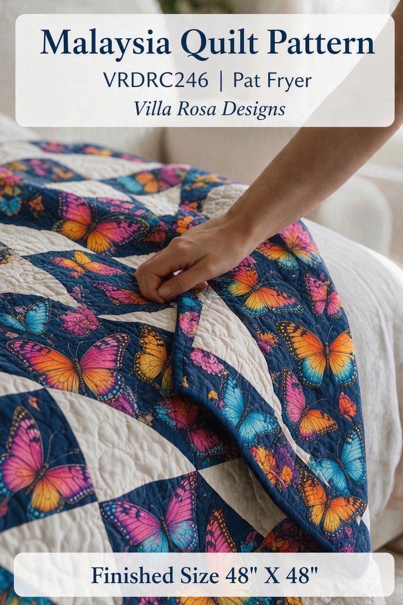 Carmon's Quilt Shop Malaysia quilt pattern featuring vibrant butterfly fabric squares and white quilted accents.