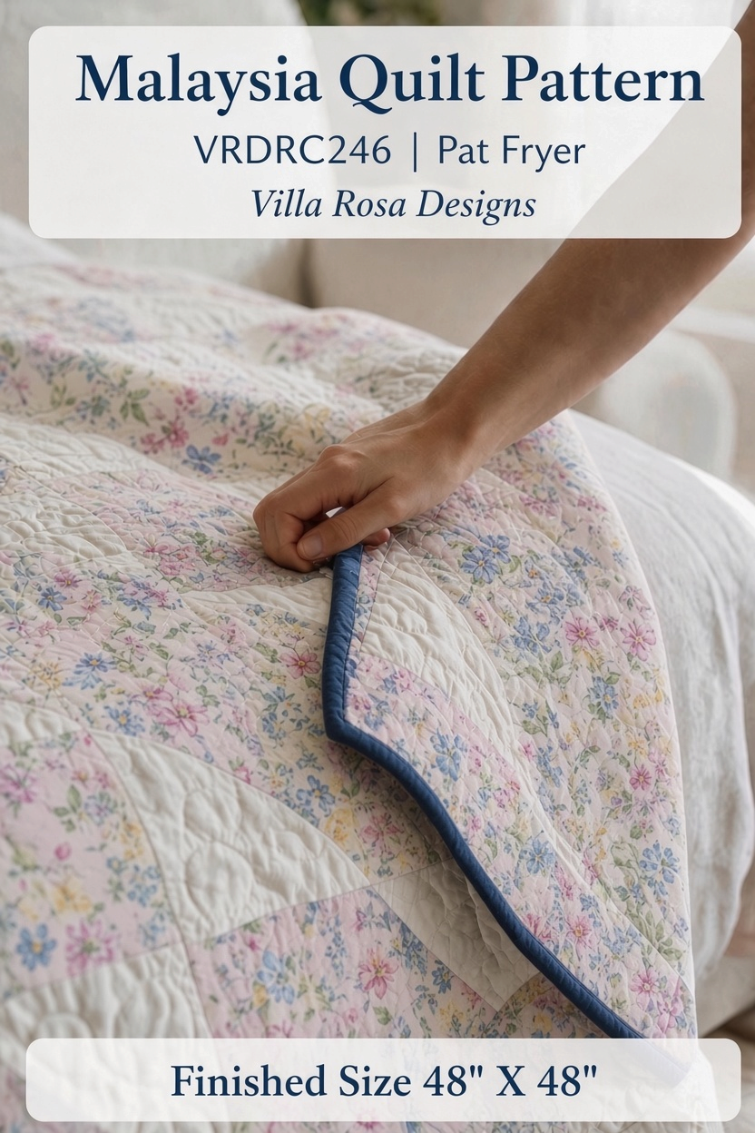 Carmon's Quilt Shop Malaysia quilt pattern by Villa Rosa Designs featuring floral patchwork squares and blue binding