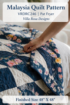 Carmon's Quilt Shop Malaysia quilt pattern featuring navy blue and white patchwork with vibrant floral fabric prints