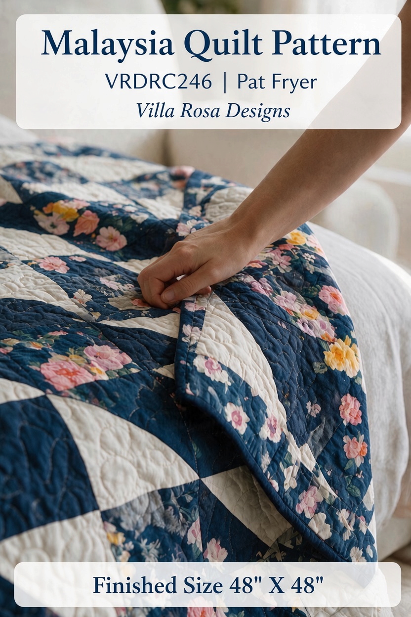 Carmon's Quilt Shop Malaysia quilt pattern featuring navy blue and white patchwork with vibrant floral fabric prints