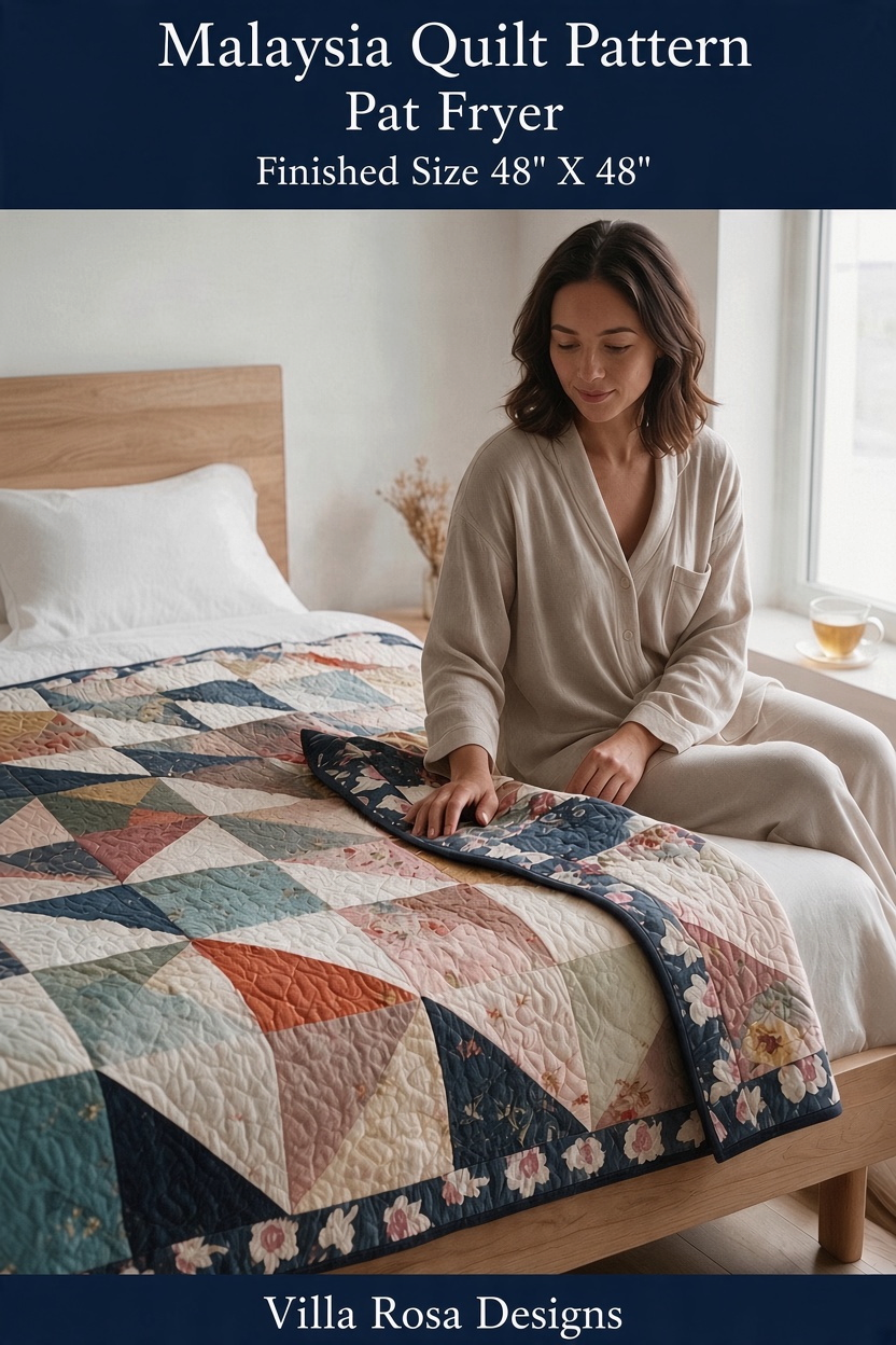Carmon's Quilt Shop Malaysia quilt pattern by Villa Rosa Designs featuring floral patchwork on a bed with a woman