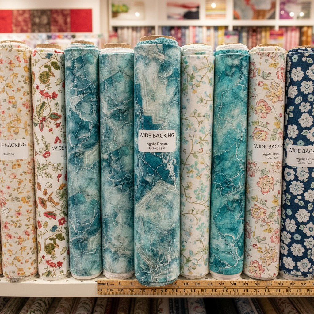 Carmon's Quilt Shop wide backing fabric rolls featuring teal marble and floral patterns on a store shelf.