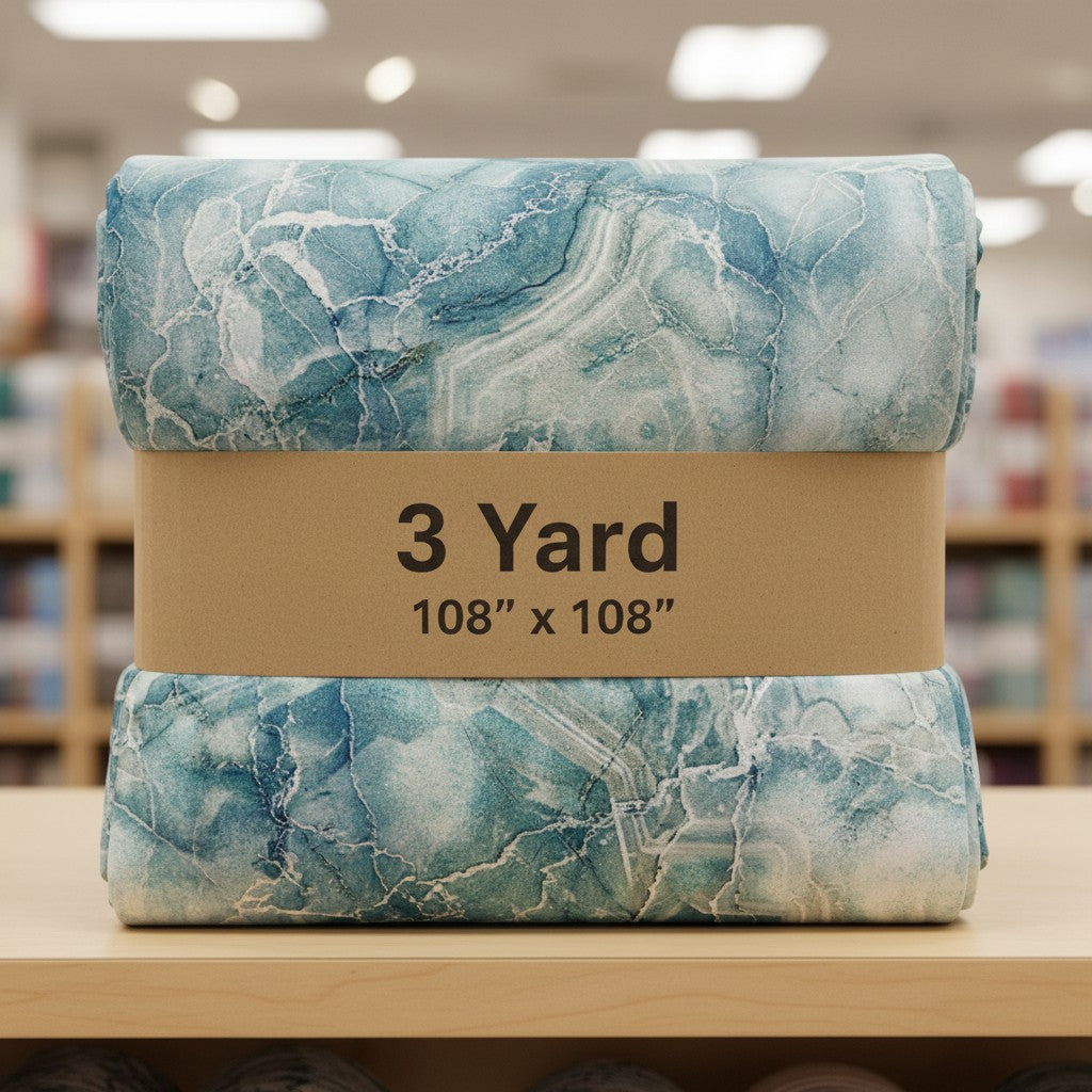 Carmon's Quilt Shop Northcott Smooth Sailing marble pattern quilt fabric in teal and blue, 108-inch wide backing.