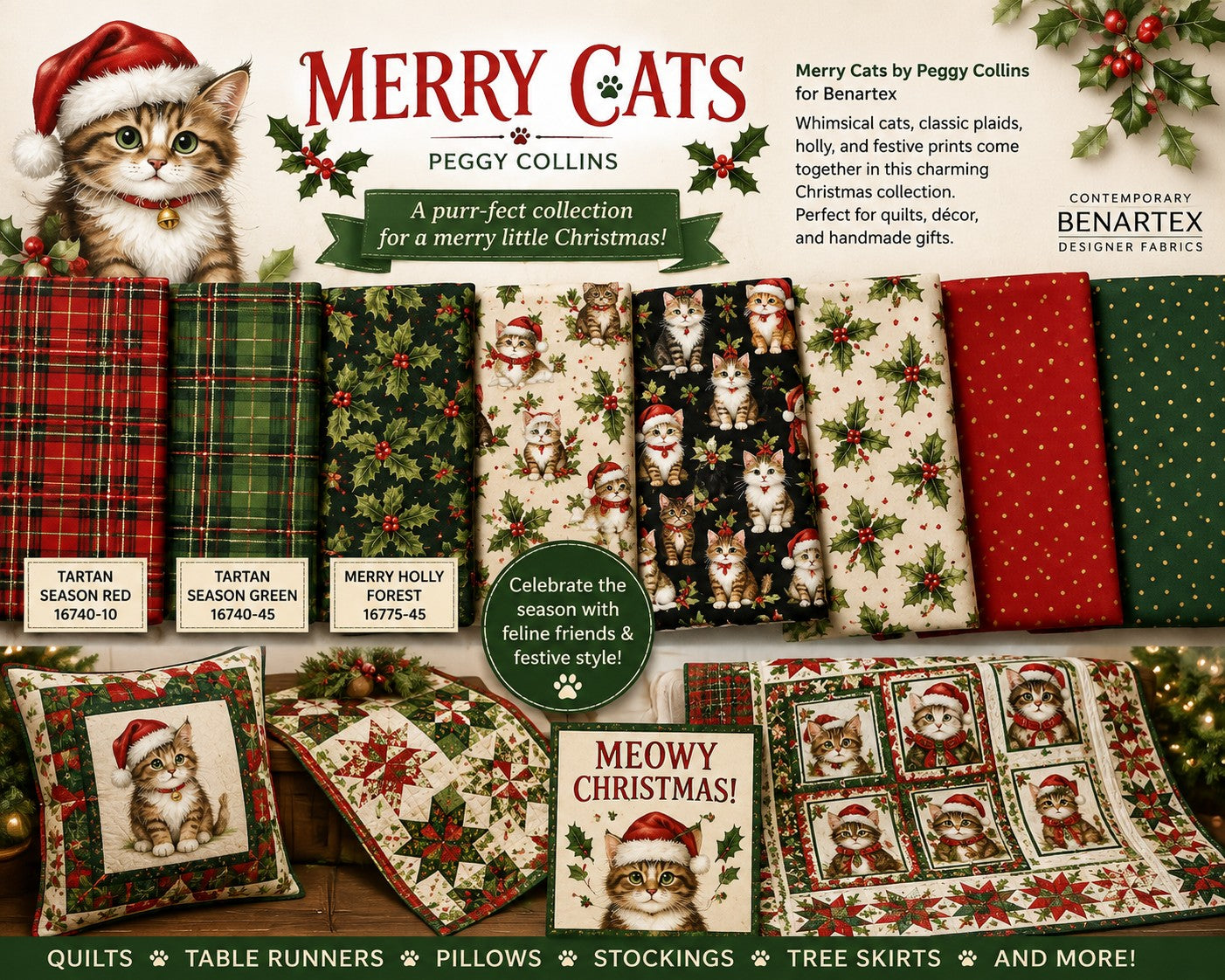 Carmon's Quilt Shop Merry Cats fabric collection by Benartex featuring festive cat portraits and holiday patterns