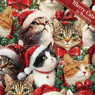 Carmon's Quilt Shop Merry Cats quilting cotton fabric featuring festive cats in Santa hats and wreaths on green