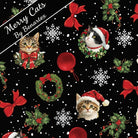 Carmon's Quilt Shop Merry Cats quilting fabric featuring festive cats in Santa hats, holly wreaths, and snowflakes.