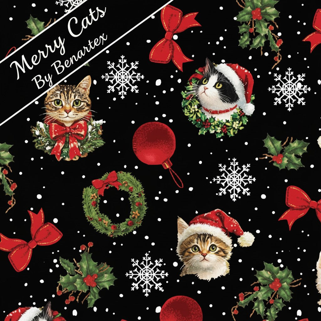Carmon's Quilt Shop Merry Cats quilting cotton fabric featuring festive cat portraits, holly, and bows on black