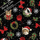 Carmon's Quilt Shop Merry Cats quilting cotton fabric featuring festive cat portraits, holly, and bows on black