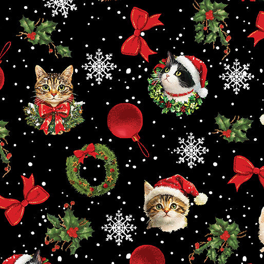 Carmon's Quilt Shop Merry Cats Portraits quilting cotton fabric featuring festive cats, holly, and snowflakes