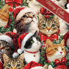 Carmon's Quilt Shop Merry Cats Christmas cotton fabric featuring festive cats in Santa hats and wreaths