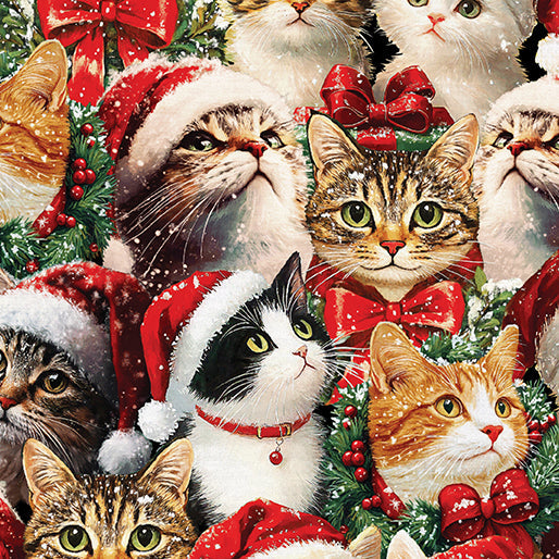 Carmon's Quilt Shop Merry Cats quilting cotton fabric featuring festive cats in Santa hats and holly wreaths