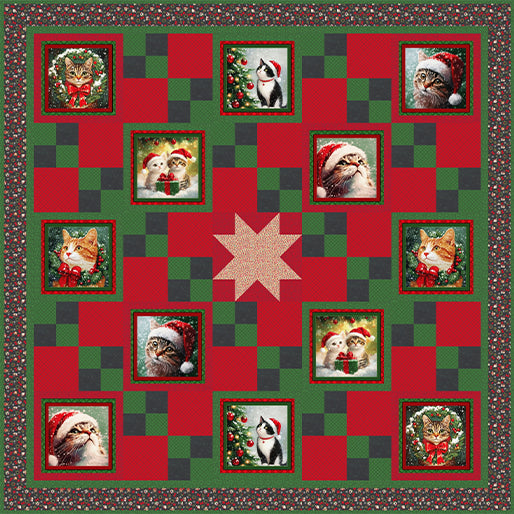 Carmon's Quilt Shop Merry Cats quilt kit featuring festive holiday cats in red and green tartan patchwork design