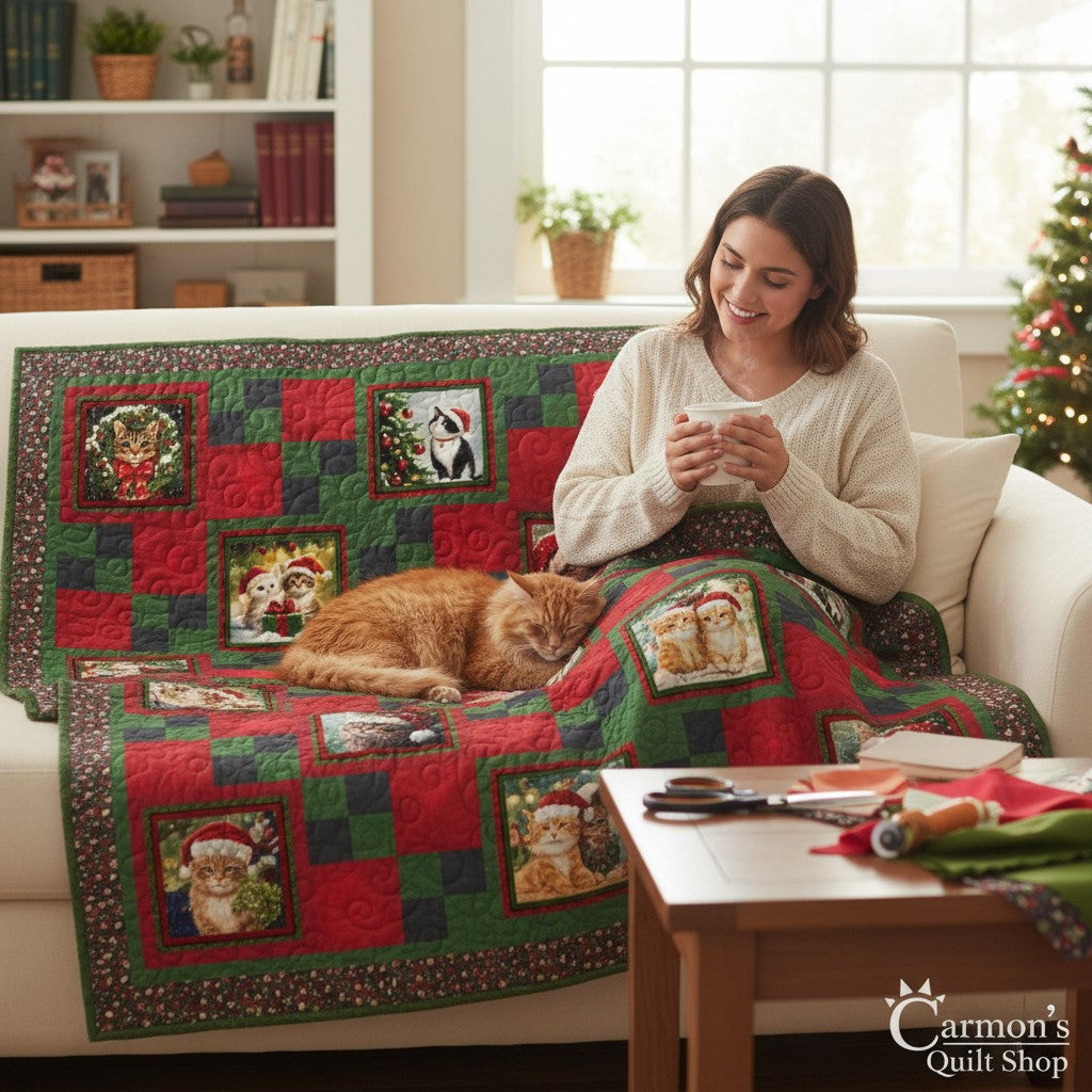Woman sitting on a sofa with a coffee mug, covered by a Carmon's Quilt Shop Merry Cats Christmas quilt with a cat.