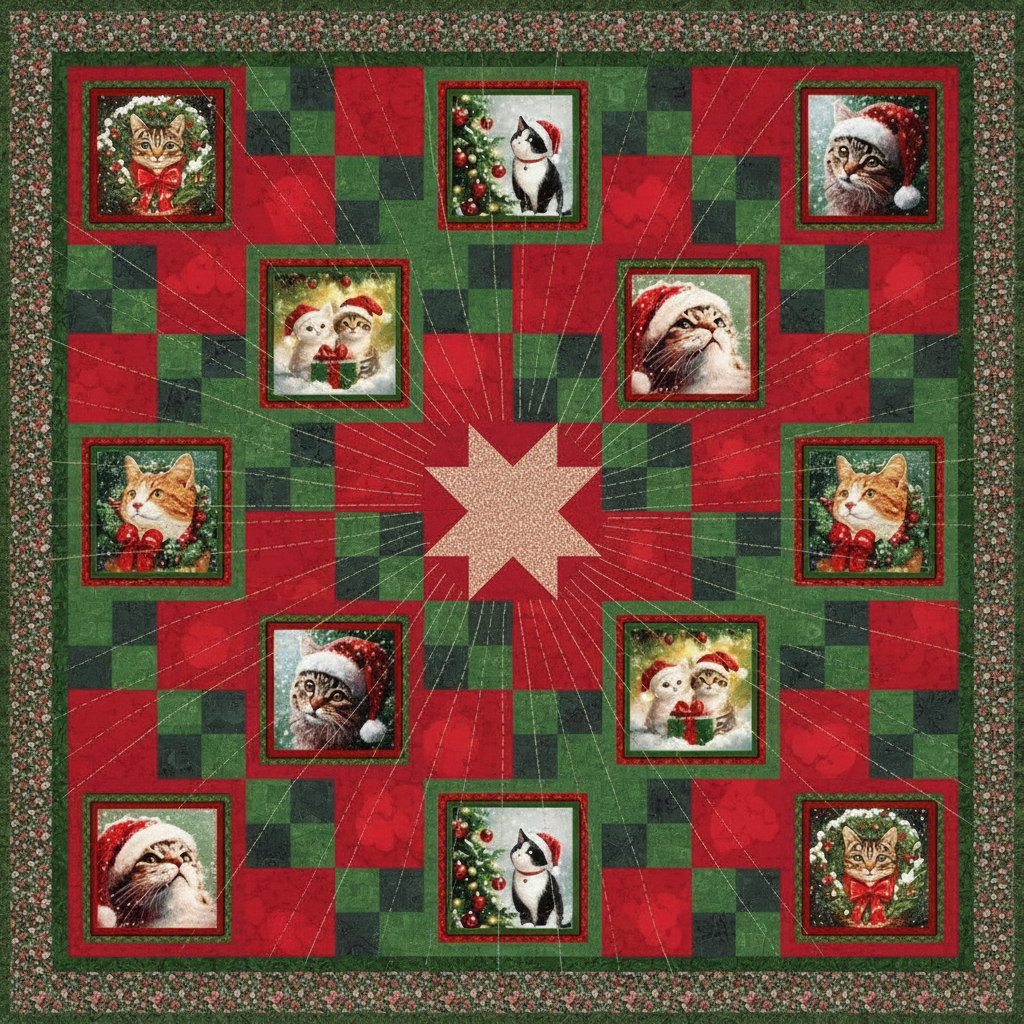 Carmon's Quilt Shop Merry Cats Christmas quilt kit featuring festive cats in red and green tartan patchwork design.