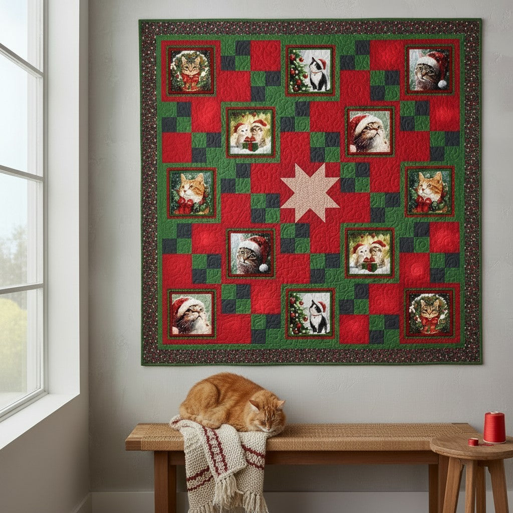 Carmon's Quilt Shop Merry Cats quilt kit featuring festive holiday cats in red and green patchwork on a wall.