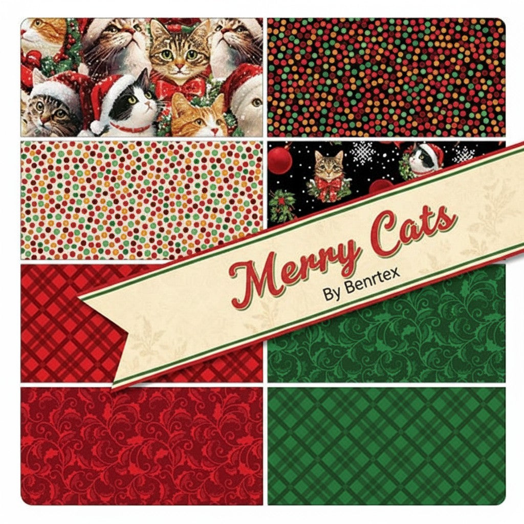 Carmon's Quilt Shop Merry Cats 8-piece fat quarter bundle featuring festive Christmas cat and holiday pattern fabrics.
